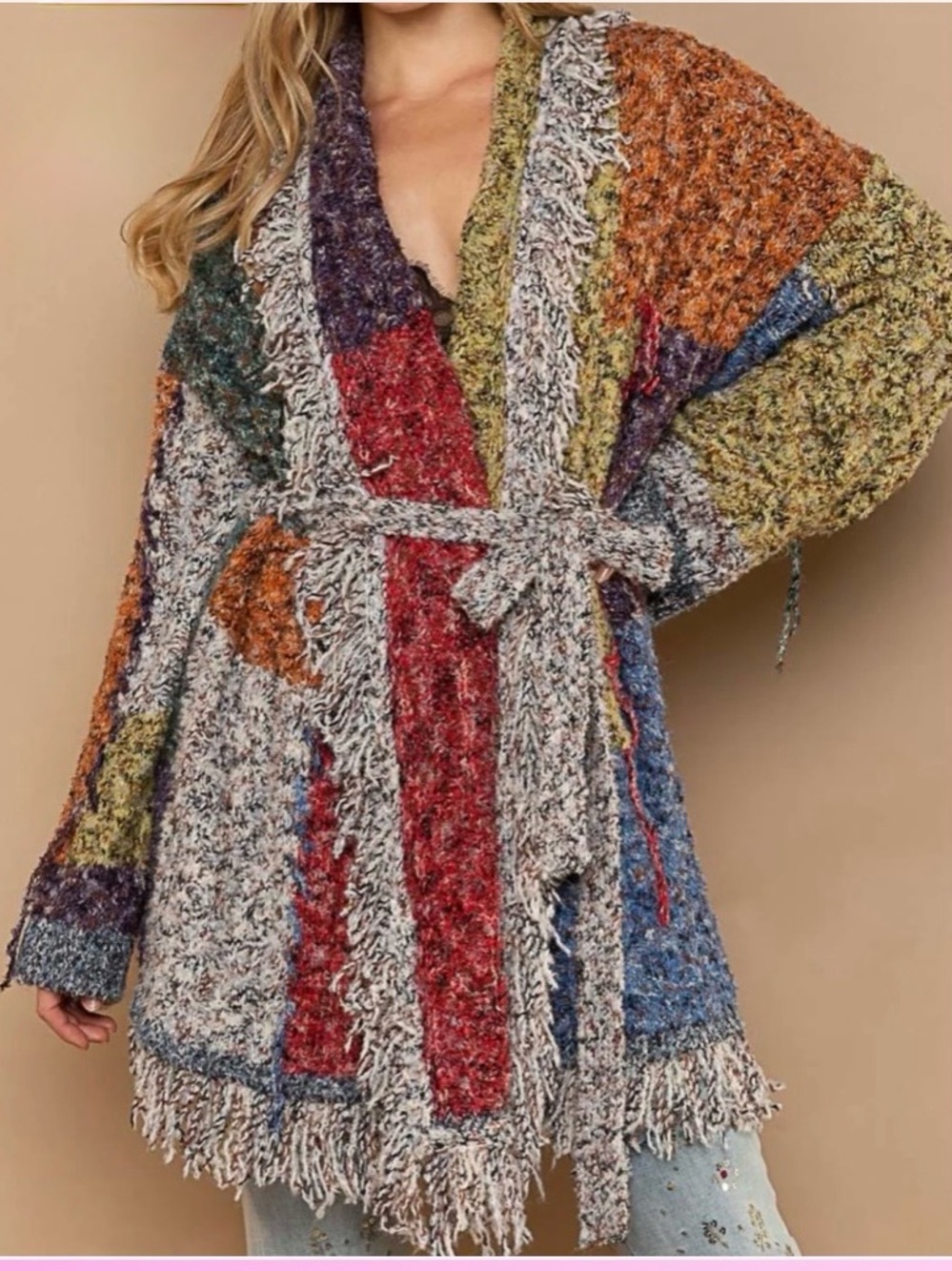 New: POL “Cozy’d Up” Multicolor Patchwork Fringe Detail Tie Closure Cardigan• S
